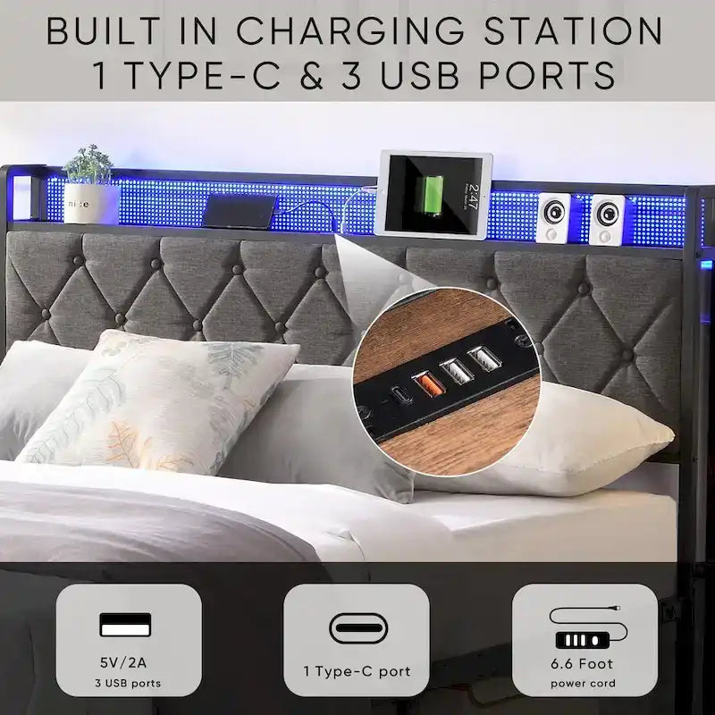 Grey Queen LED Platform Bed with Storage & Charging Headboard