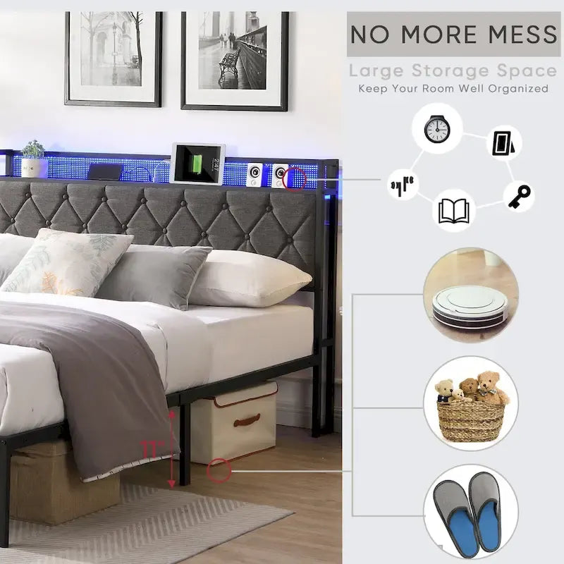 Grey Queen LED Platform Bed with Storage & Charging Headboard