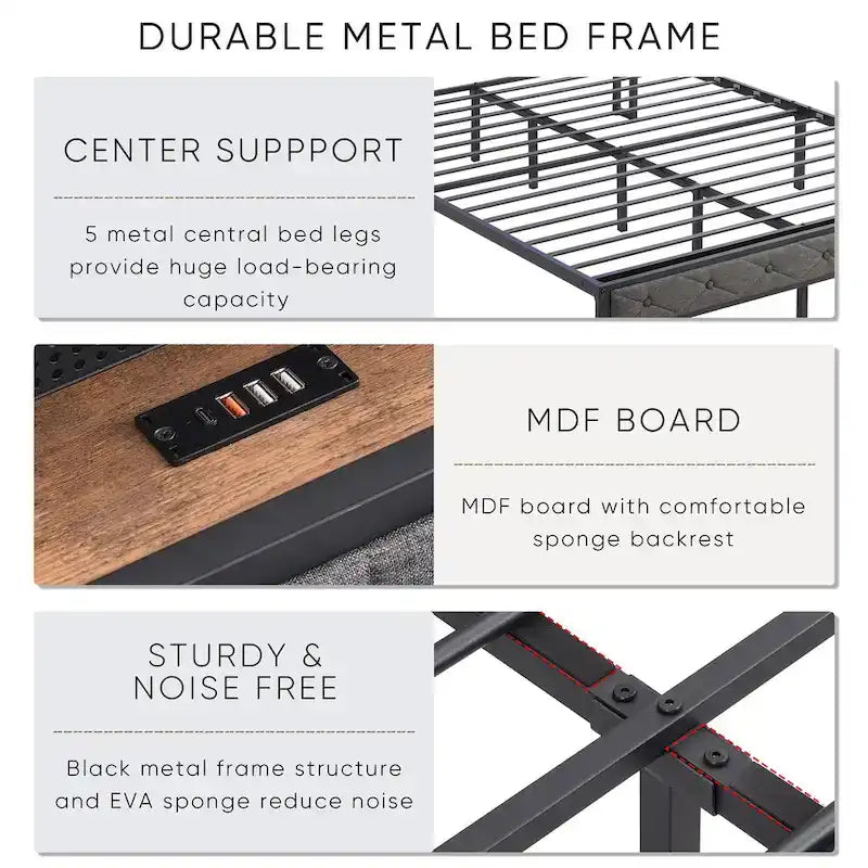 Grey Queen LED Platform Bed with Storage & Charging Headboard