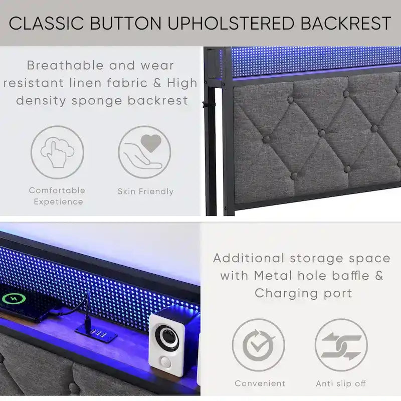 Grey Queen LED Platform Bed with Storage & Charging Headboard