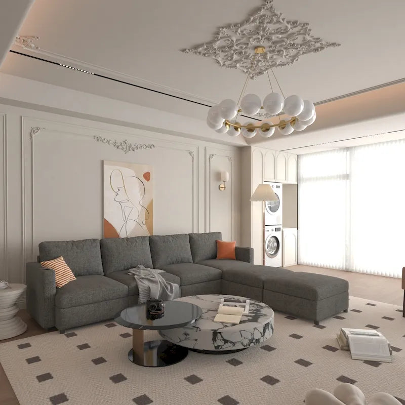 Grey U-Shaped Modular Sectional Sofa, 4-Seat + 2 Ottomans, Chenille