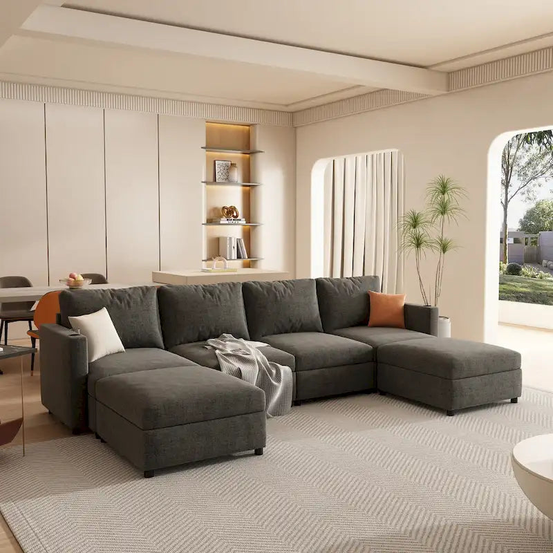 Grey U-Shaped Modular Sectional Sofa, 4-Seat + 2 Ottomans, Chenille