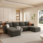 Grey U-Shaped Modular Sectional Sofa, 4-Seat + 2 Ottomans, Chenille