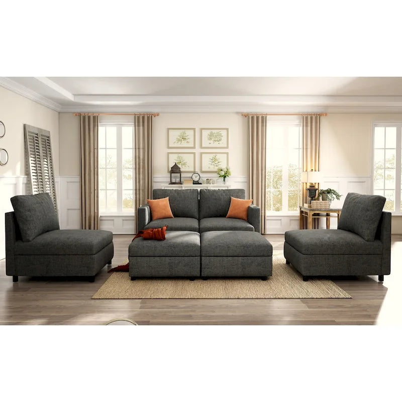 Grey U-Shaped Modular Sectional Sofa, 4-Seat + 2 Ottomans, Chenille