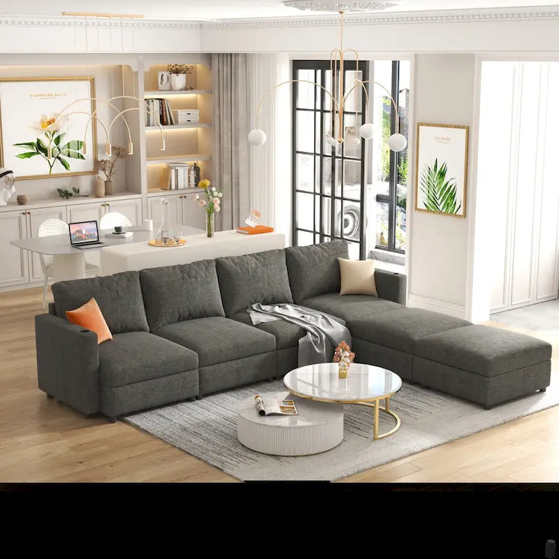 Grey U-Shaped Modular Sectional Sofa, 4-Seat + 2 Ottomans, Chenille