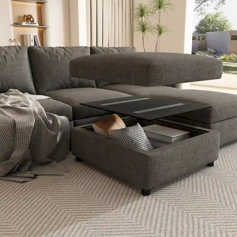 Grey U-Shaped Modular Sectional Sofa, 4-Seat + 2 Ottomans, Chenille