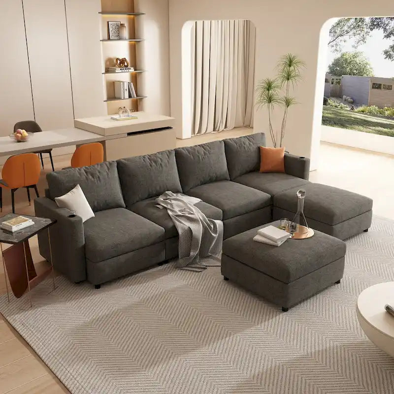 Grey U-Shaped Modular Sectional Sofa, 4-Seat + 2 Ottomans, Chenille