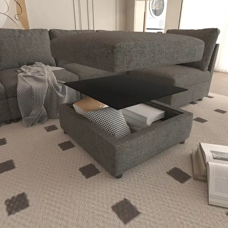 Grey U-Shaped Modular Sectional Sofa, 4-Seat + 2 Ottomans, Chenille
