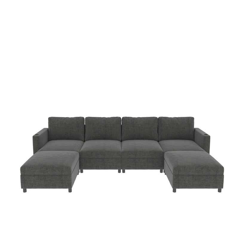 Grey U-Shaped Modular Sectional Sofa, 4-Seat + 2 Ottomans, Chenille