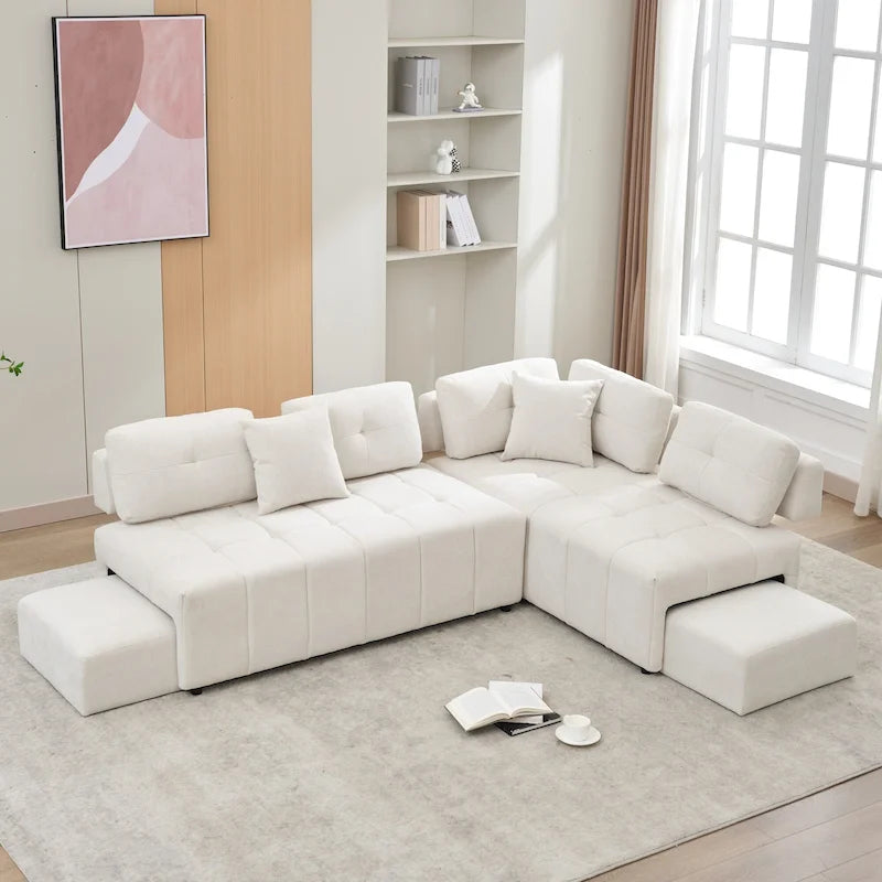 Beige / Light Grey / Yellow L-Shaped Sectional Sofa, 4-Seater with Hidden Stools