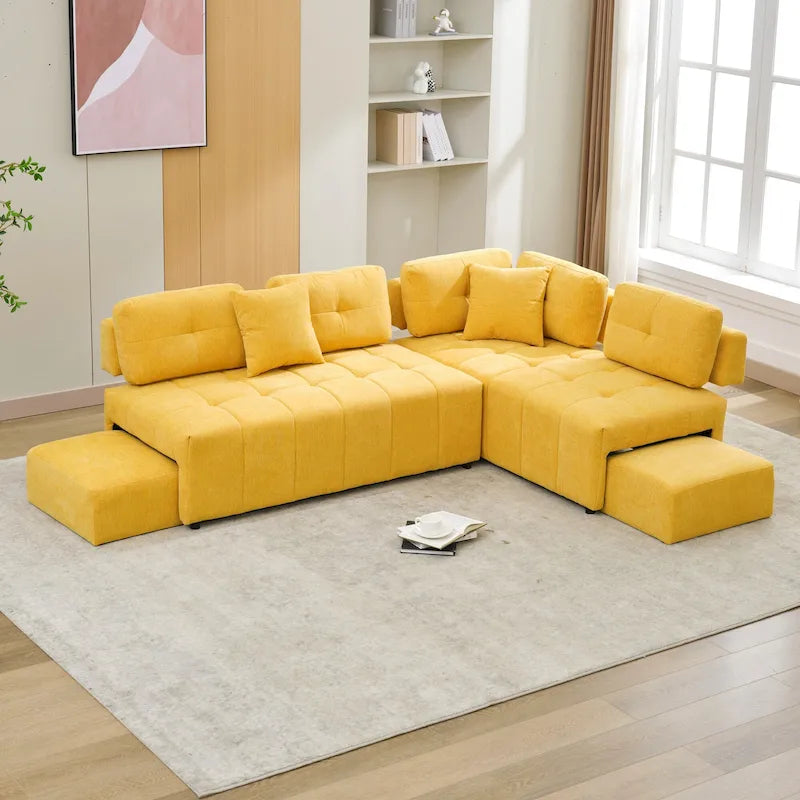 Beige / Light Grey / Yellow L-Shaped Sectional Sofa, 4-Seater with Hidden Stools
