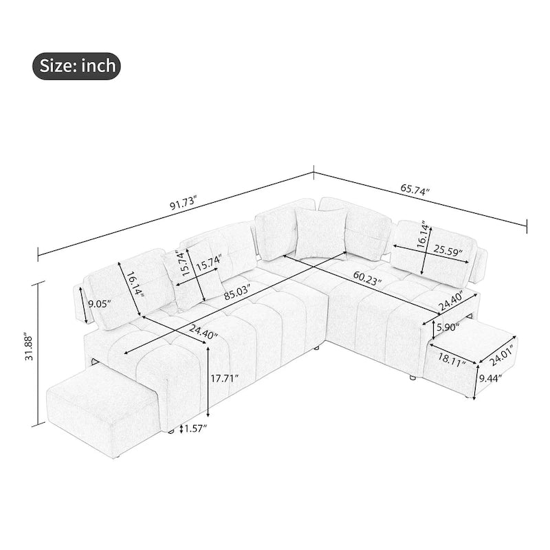 Beige / Light Grey / Yellow L-Shaped Sectional Sofa, 4-Seater with Hidden Stools