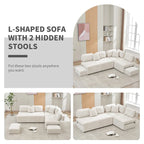 Beige / Light Grey / Yellow L-Shaped Sectional Sofa, 4-Seater with Hidden Stools