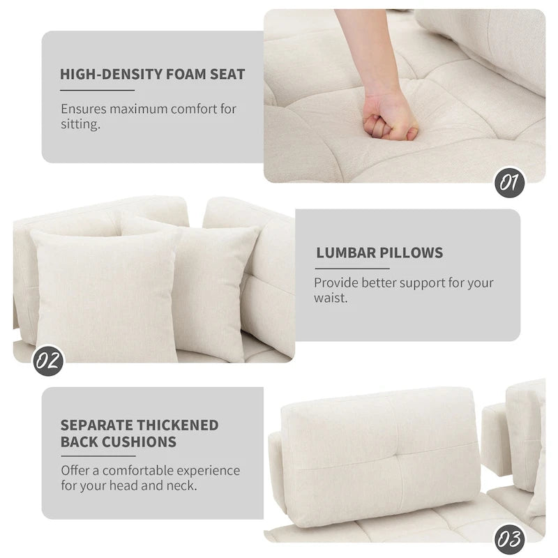 Beige / Light Grey / Yellow L-Shaped Sectional Sofa, 4-Seater with Hidden Stools