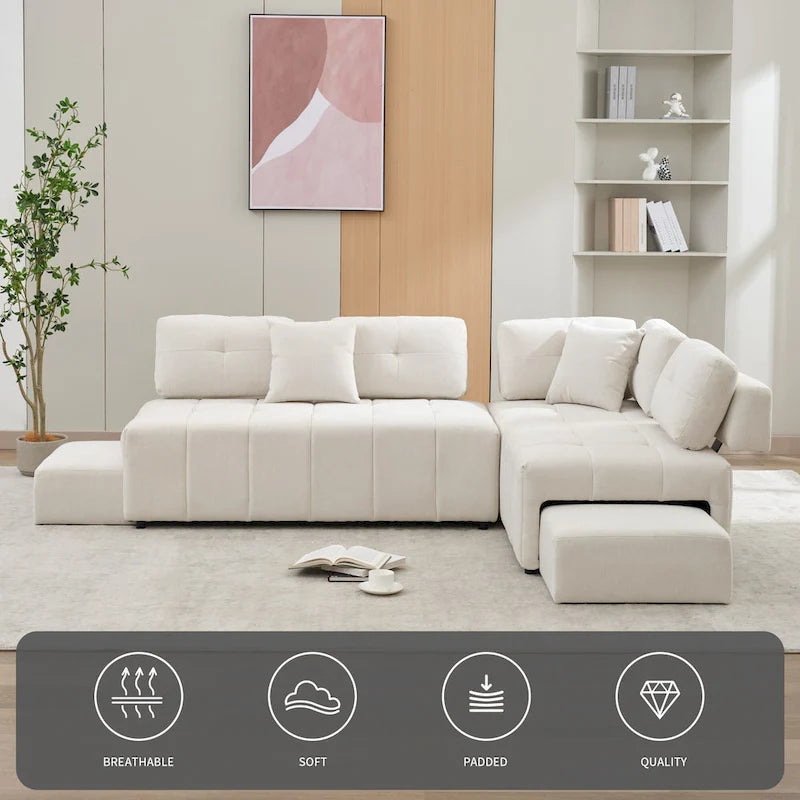 Beige / Light Grey / Yellow L-Shaped Sectional Sofa, 4-Seater with Hidden Stools