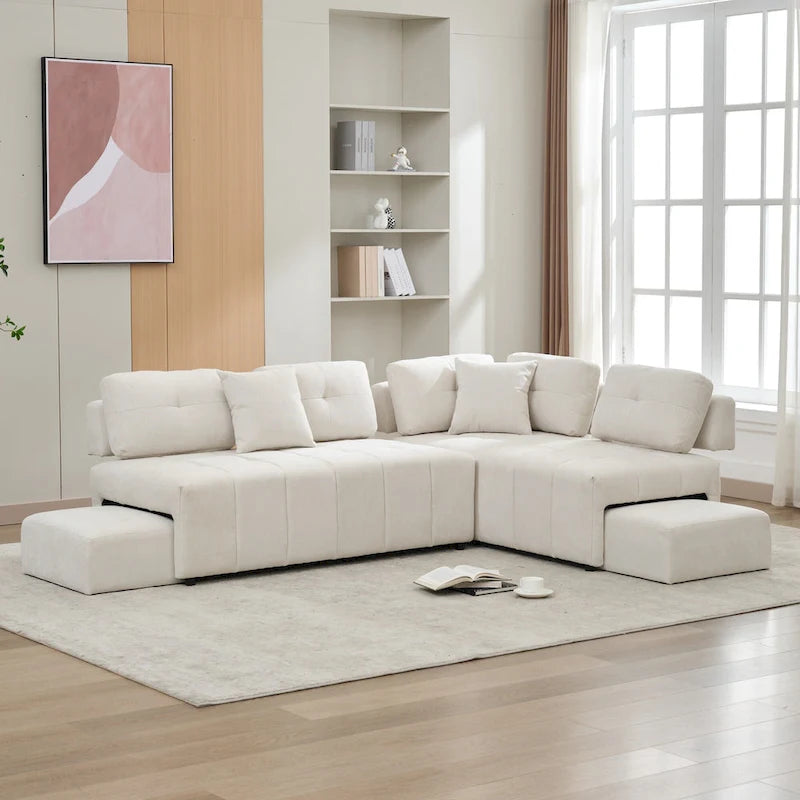 Beige / Light Grey / Yellow L-Shaped Sectional Sofa, 4-Seater with Hidden Stools