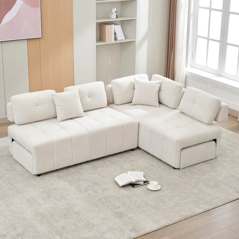 Beige / Light Grey / Yellow L-Shaped Sectional Sofa, 4-Seater with Hidden Stools