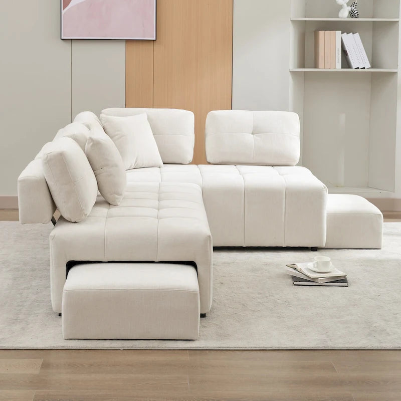 Beige / Light Grey / Yellow L-Shaped Sectional Sofa, 4-Seater with Hidden Stools