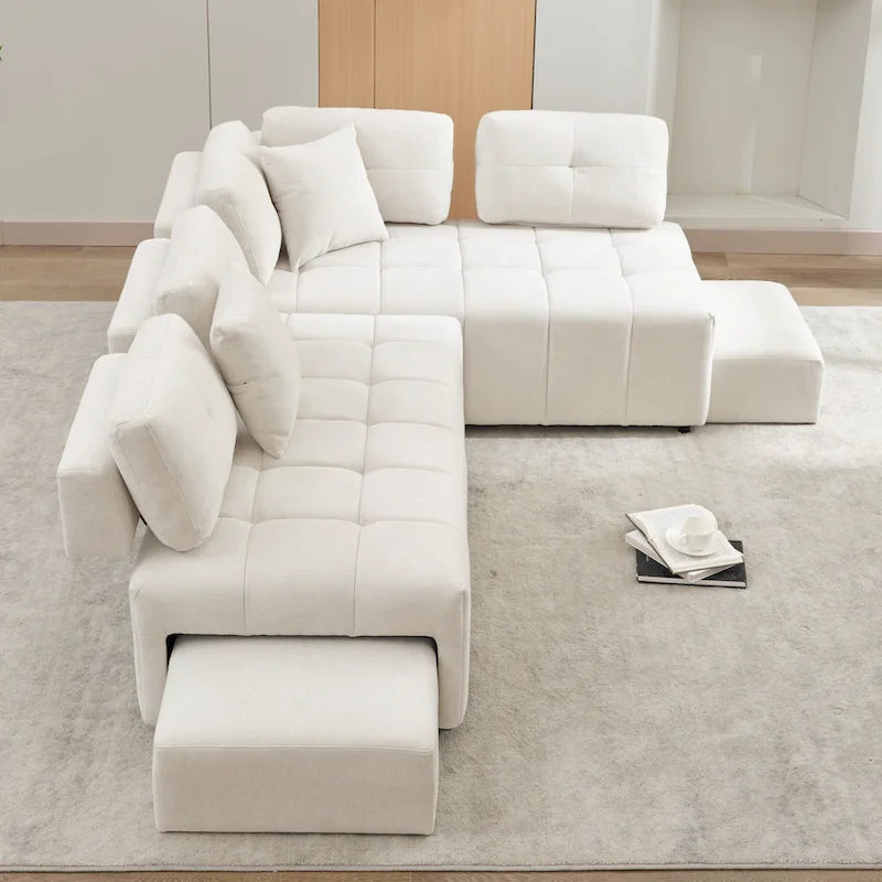 Beige / Light Grey / Yellow L-Shaped Sectional Sofa, 4-Seater with Hidden Stools