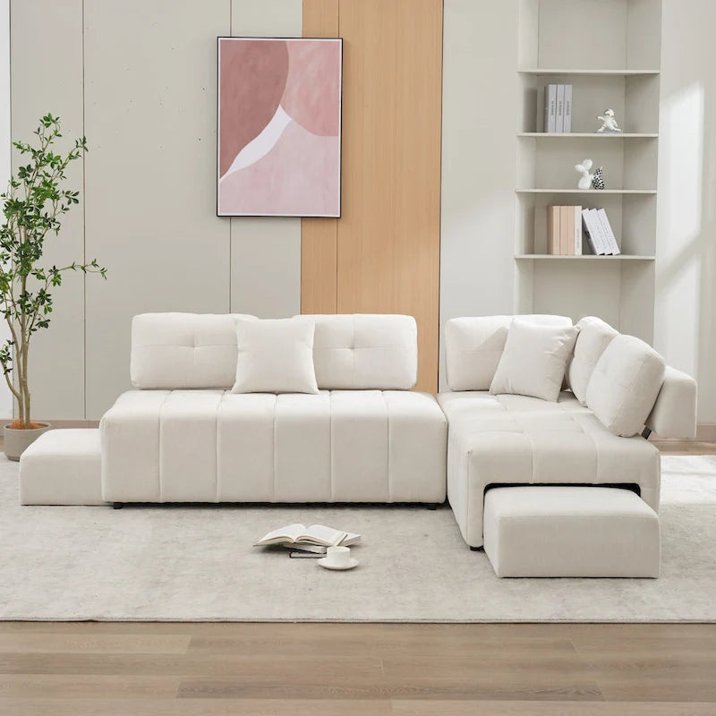 Beige / Light Grey / Yellow L-Shaped Sectional Sofa, 4-Seater with Hidden Stools