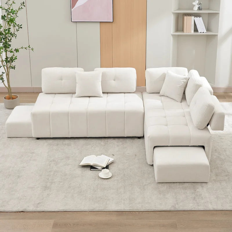 Beige / Light Grey / Yellow L-Shaped Sectional Sofa, 4-Seater with Hidden Stools