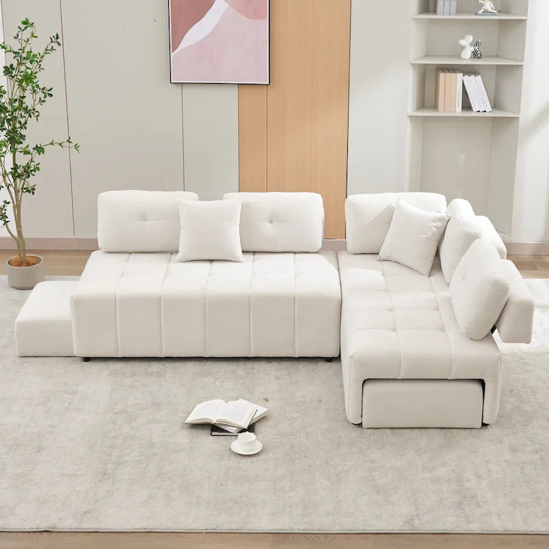 Beige / Light Grey / Yellow L-Shaped Sectional Sofa, 4-Seater with Hidden Stools