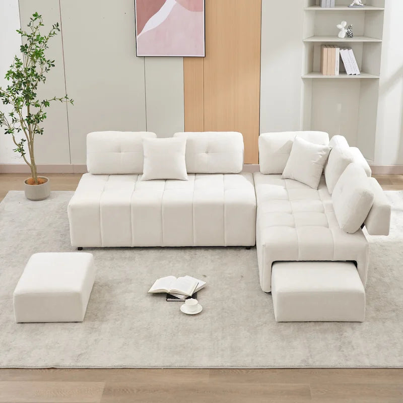 Beige / Light Grey / Yellow L-Shaped Sectional Sofa, 4-Seater with Hidden Stools