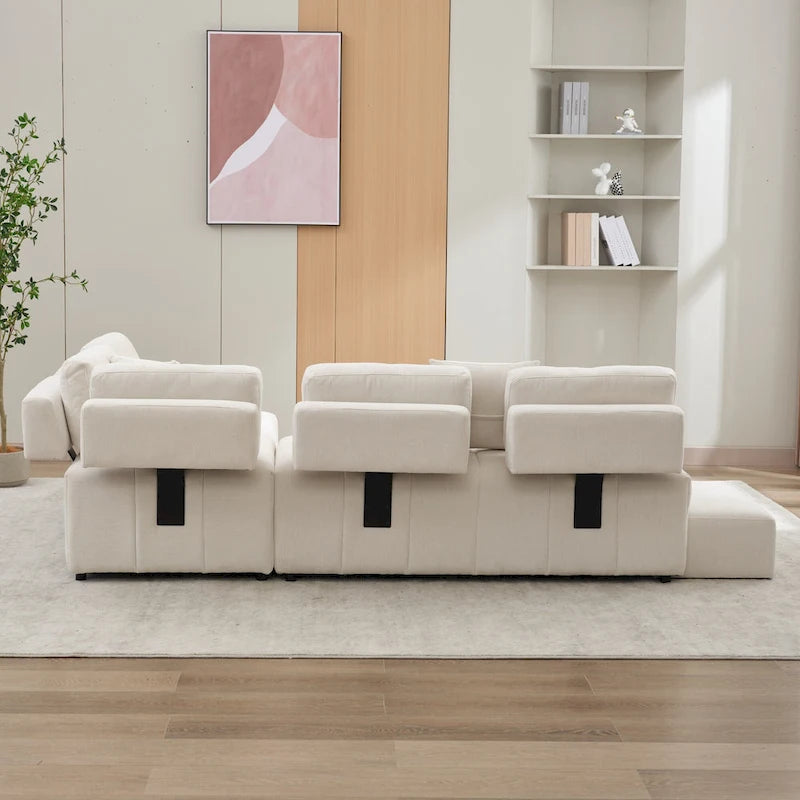 Beige / Light Grey / Yellow L-Shaped Sectional Sofa, 4-Seater with Hidden Stools