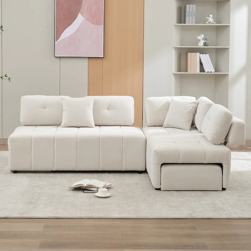 Beige / Light Grey / Yellow L-Shaped Sectional Sofa, 4-Seater with Hidden Stools