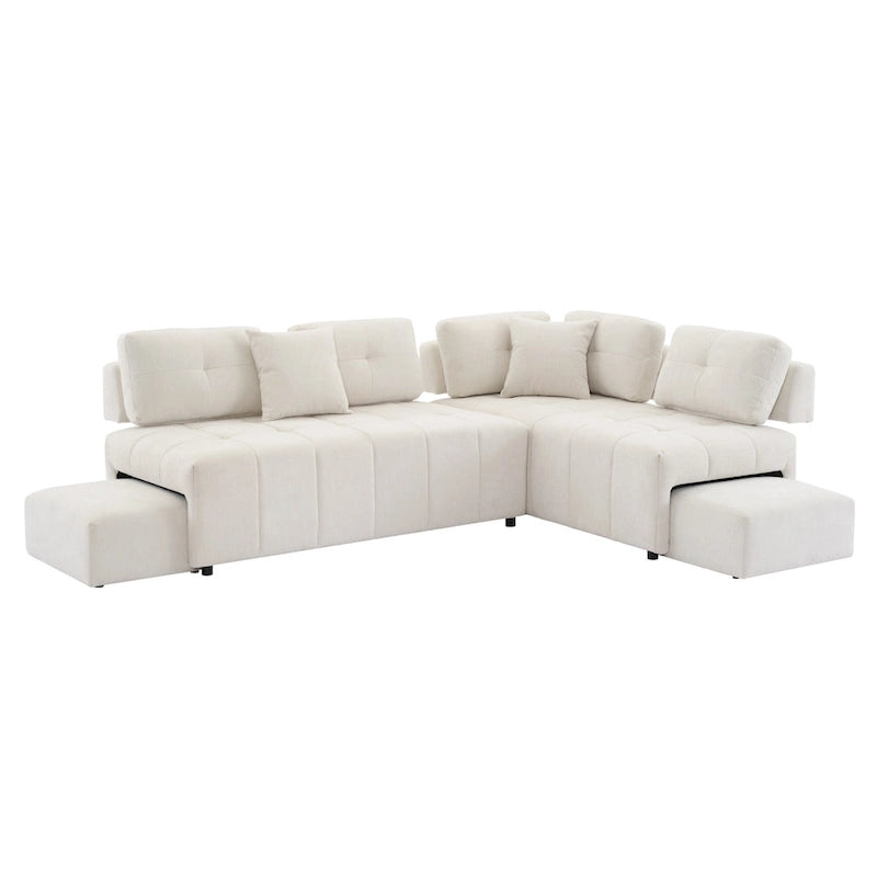 Beige / Light Grey / Yellow L-Shaped Sectional Sofa, 4-Seater with Hidden Stools