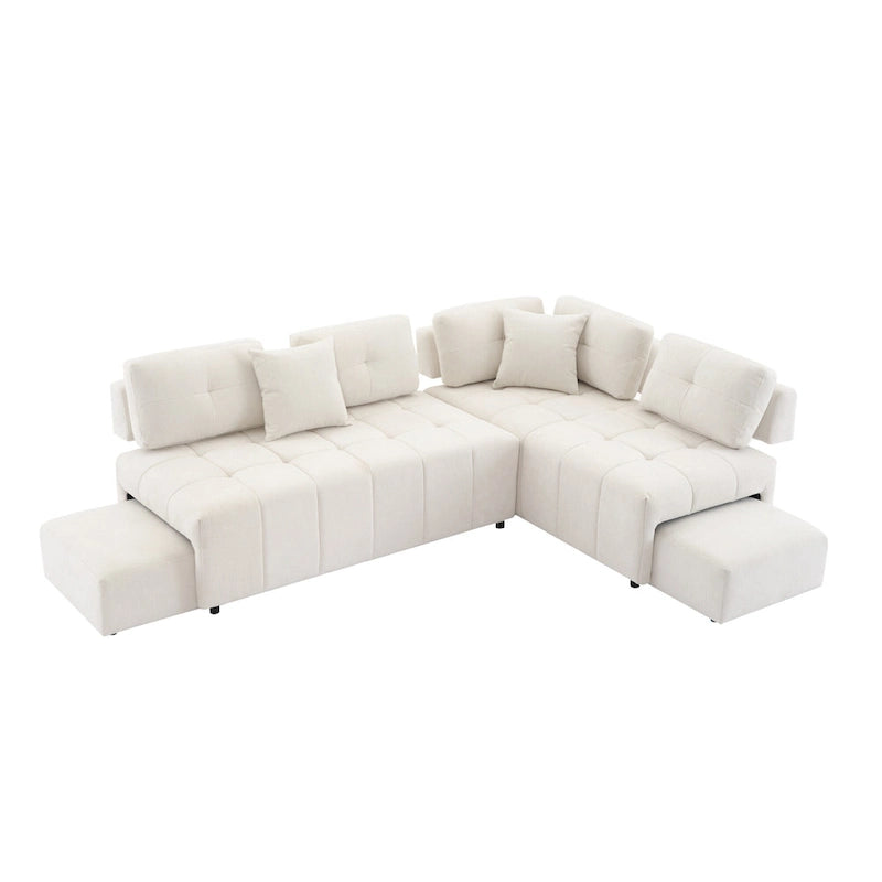 Beige / Light Grey / Yellow L-Shaped Sectional Sofa, 4-Seater with Hidden Stools