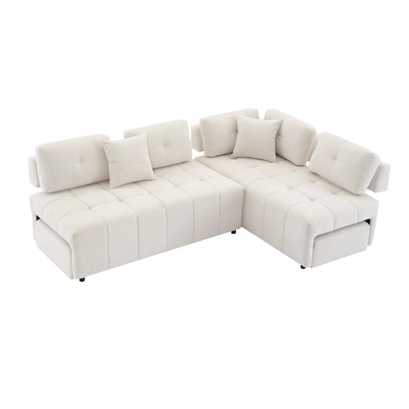 Beige / Light Grey / Yellow L-Shaped Sectional Sofa, 4-Seater with Hidden Stools