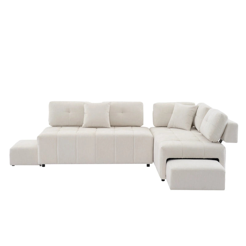 Beige / Light Grey / Yellow L-Shaped Sectional Sofa, 4-Seater with Hidden Stools