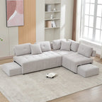 Beige / Light Grey / Yellow L-Shaped Sectional Sofa, 4-Seater with Hidden Stools