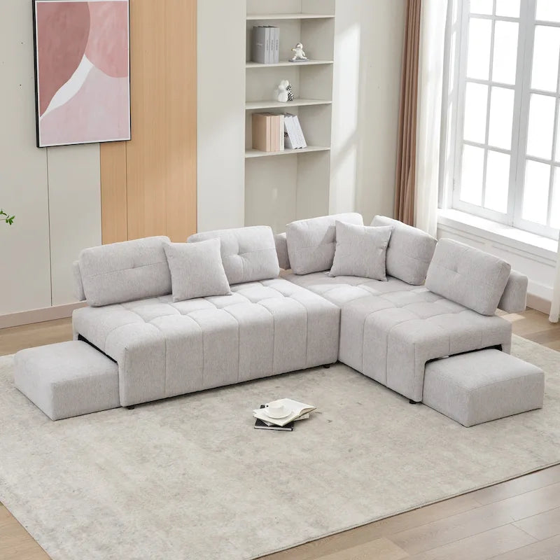 Beige / Light Grey / Yellow L-Shaped Sectional Sofa, 4-Seater with Hidden Stools