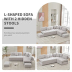 Beige / Light Grey / Yellow L-Shaped Sectional Sofa, 4-Seater with Hidden Stools