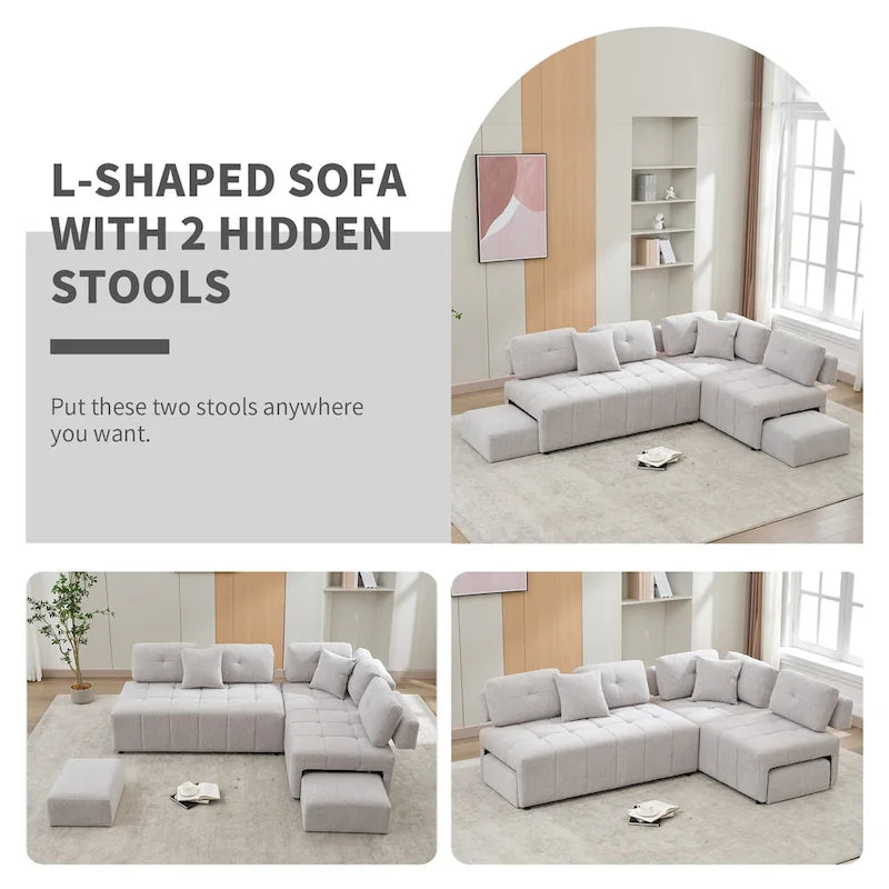 Beige / Light Grey / Yellow L-Shaped Sectional Sofa, 4-Seater with Hidden Stools