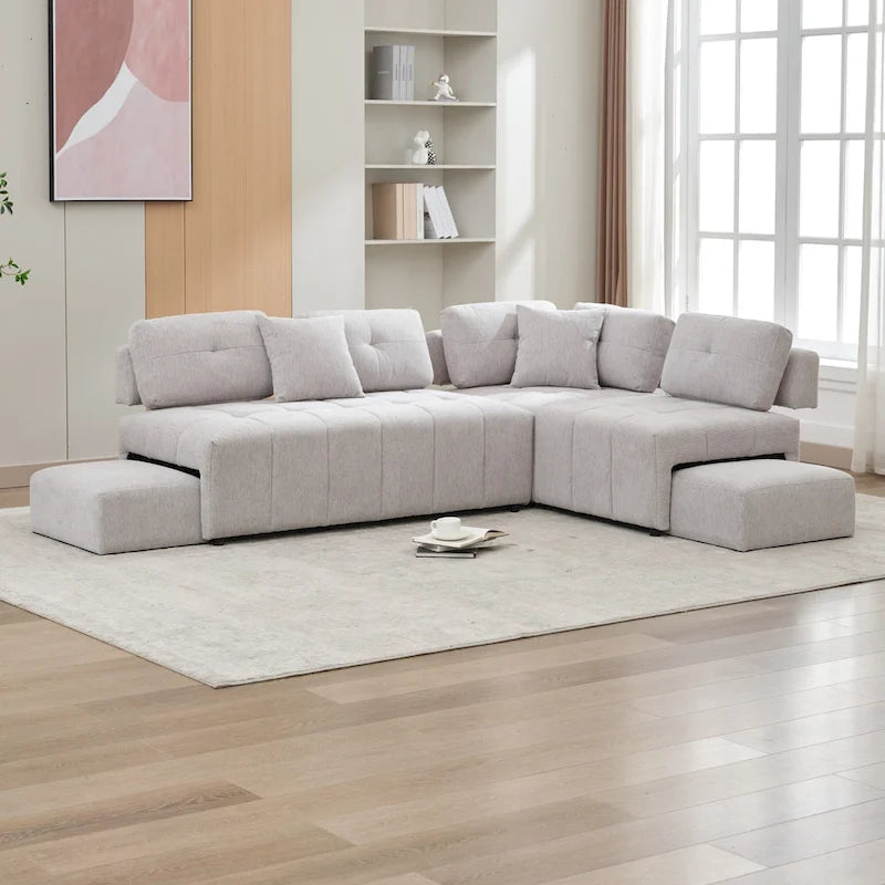 Beige / Light Grey / Yellow L-Shaped Sectional Sofa, 4-Seater with Hidden Stools