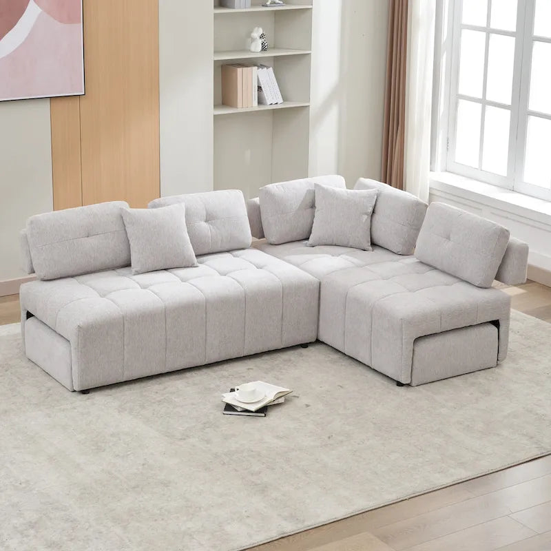 Beige / Light Grey / Yellow L-Shaped Sectional Sofa, 4-Seater with Hidden Stools