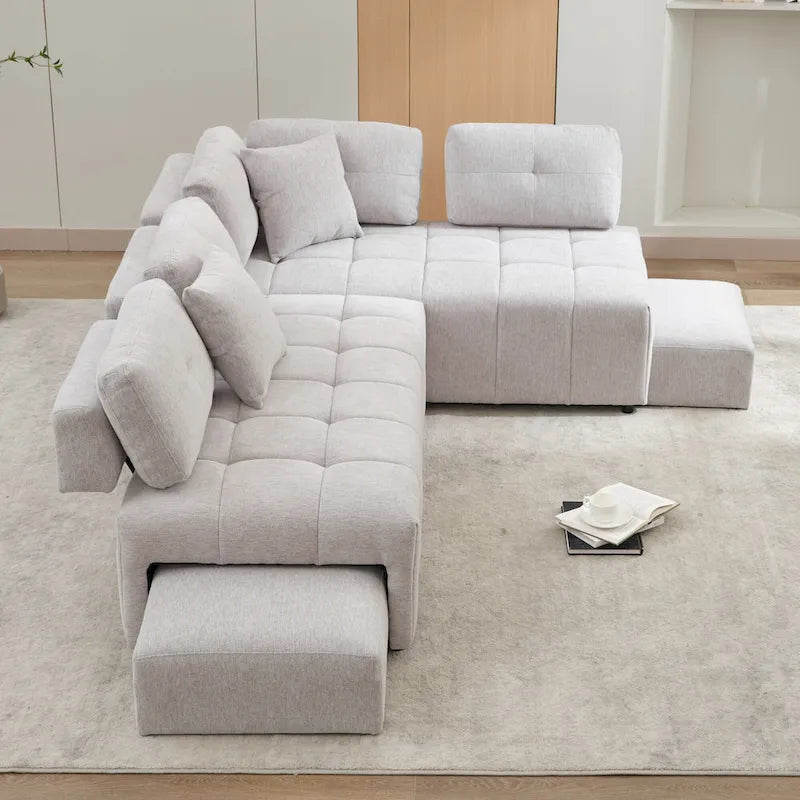 Beige / Light Grey / Yellow L-Shaped Sectional Sofa, 4-Seater with Hidden Stools