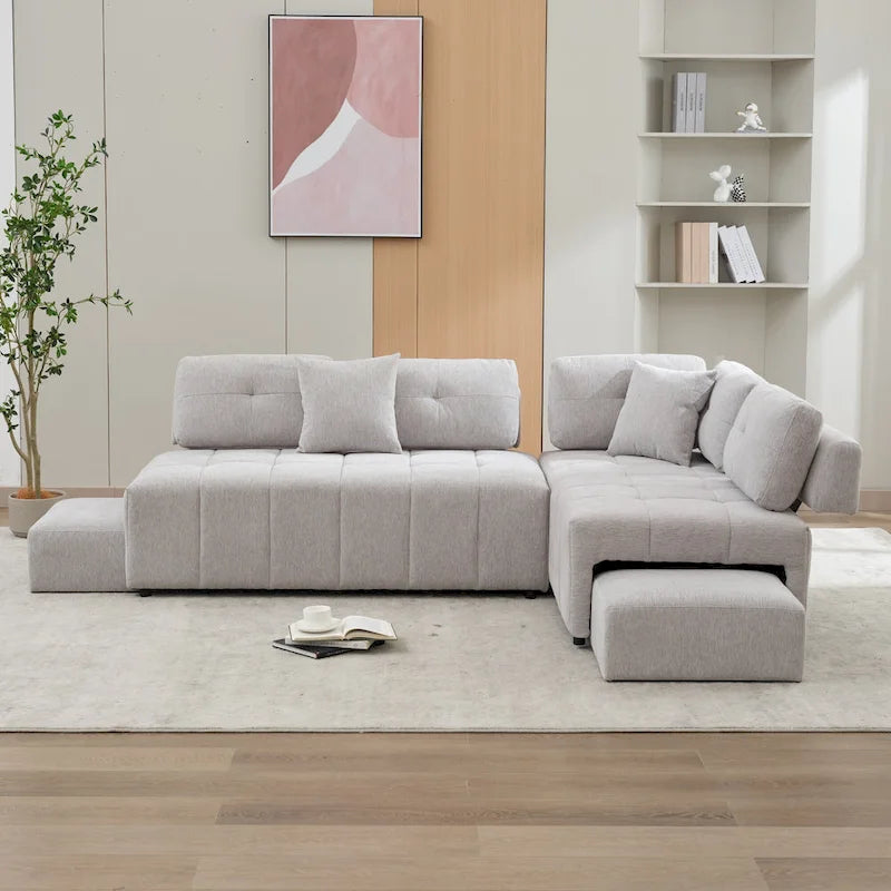 Beige / Light Grey / Yellow L-Shaped Sectional Sofa, 4-Seater with Hidden Stools
