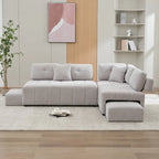 Beige / Light Grey / Yellow L-Shaped Sectional Sofa, 4-Seater with Hidden Stools