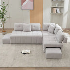 Beige / Light Grey / Yellow L-Shaped Sectional Sofa, 4-Seater with Hidden Stools
