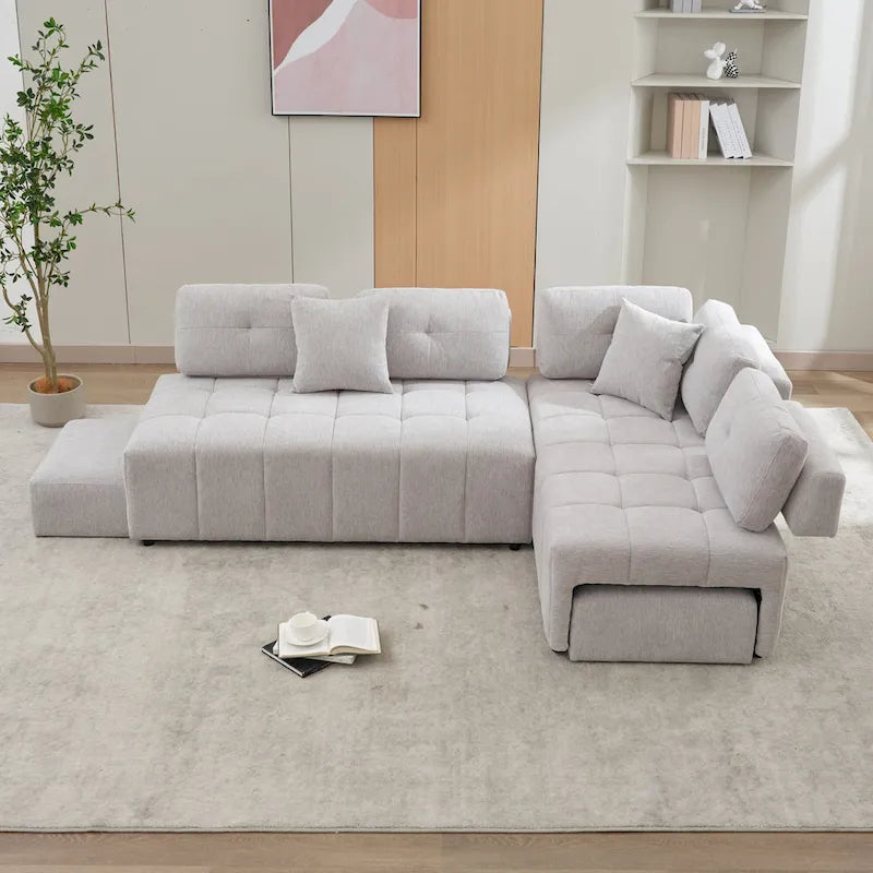 Beige / Light Grey / Yellow L-Shaped Sectional Sofa, 4-Seater with Hidden Stools