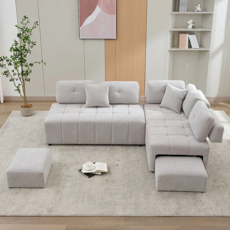 Beige / Light Grey / Yellow L-Shaped Sectional Sofa, 4-Seater with Hidden Stools