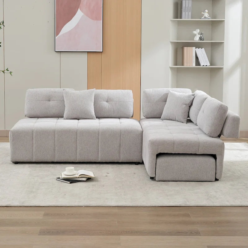 Beige / Light Grey / Yellow L-Shaped Sectional Sofa, 4-Seater with Hidden Stools
