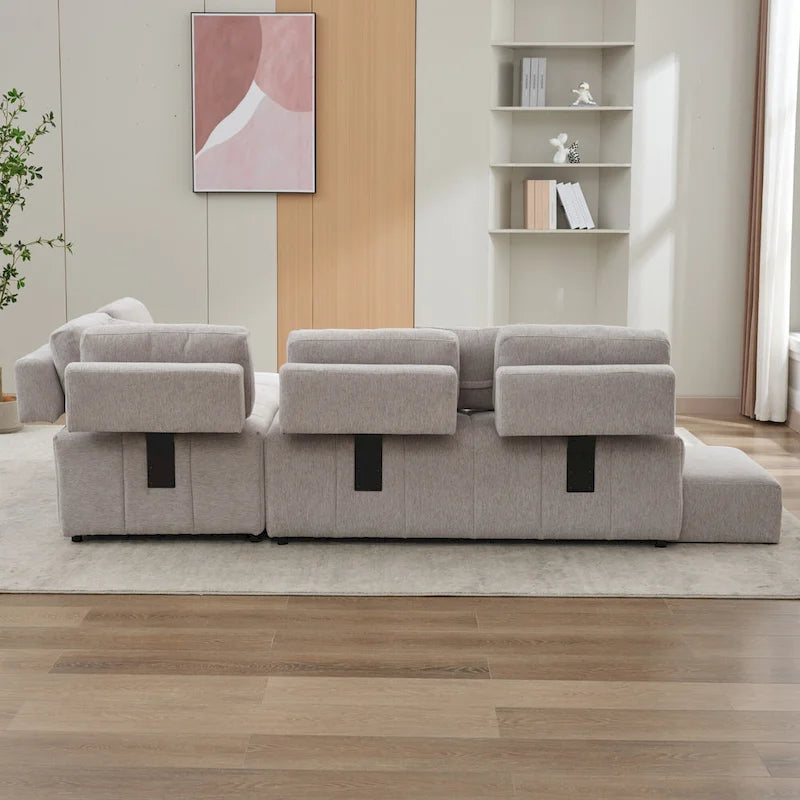 Beige / Light Grey / Yellow L-Shaped Sectional Sofa, 4-Seater with Hidden Stools