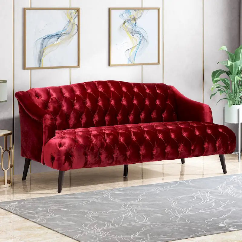 Wine Red Velvet Button-Tufted 3-Seater Sofa with Birch Wood Legs
