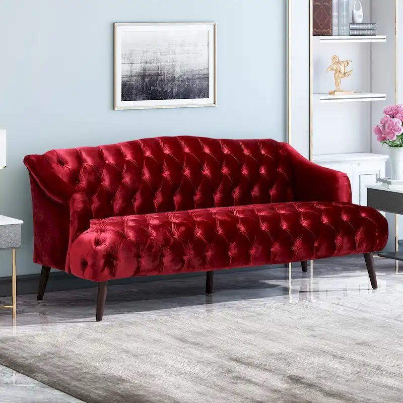 Wine Red Velvet Button-Tufted 3-Seater Sofa with Birch Wood Legs