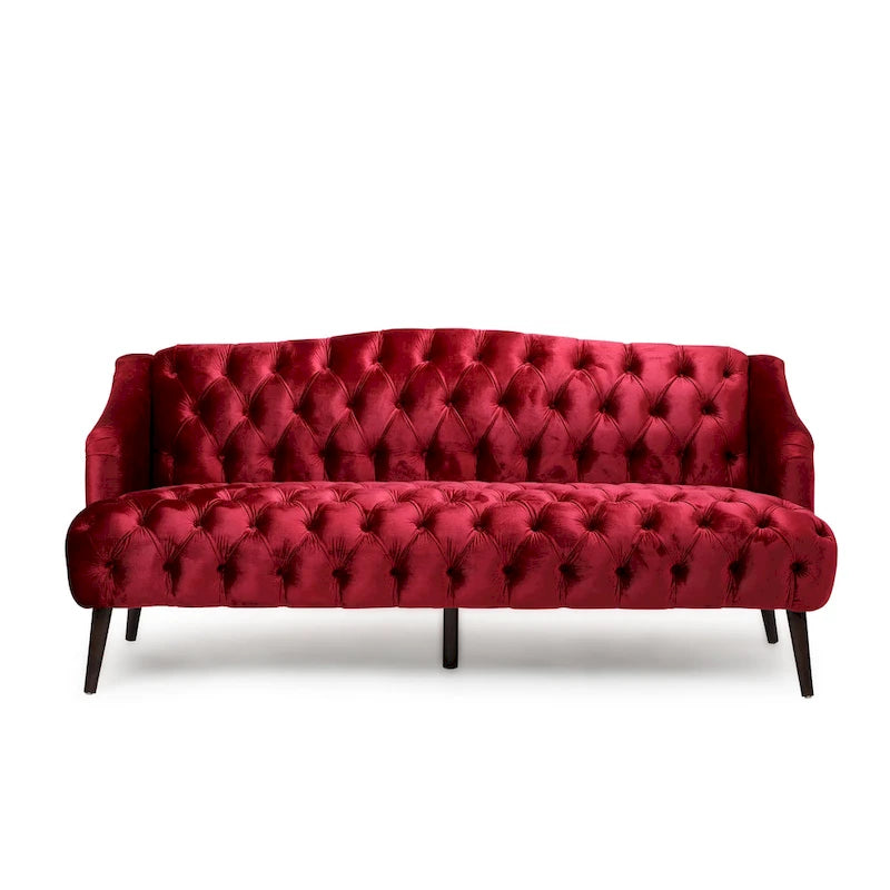 Wine Red Velvet Button-Tufted 3-Seater Sofa with Birch Wood Legs